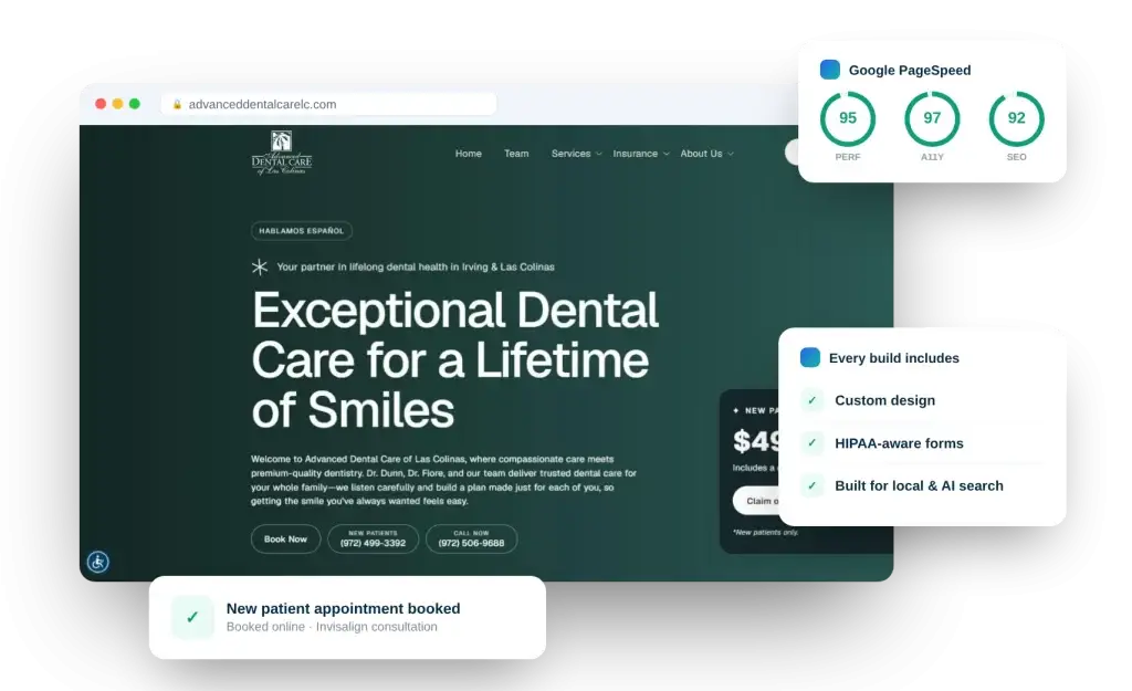 Advanced Dental Care of Las Colinas website by DoctorsInternet in a browser with PageSpeed scores and booked appointment
