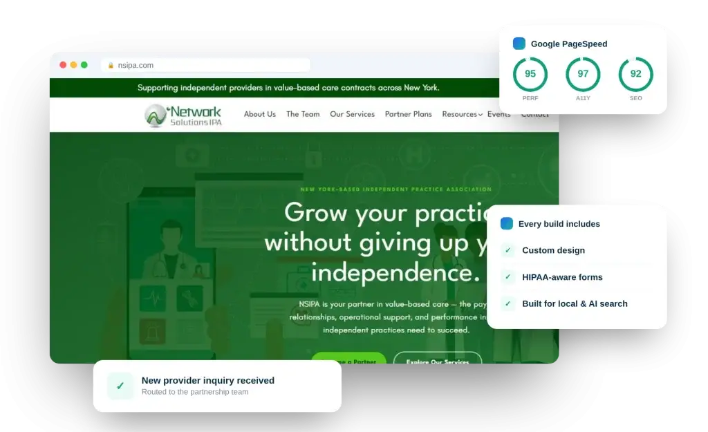 Network Solutions IPA website by DoctorsInternet shown in a browser with PageSpeed scores and build checklist