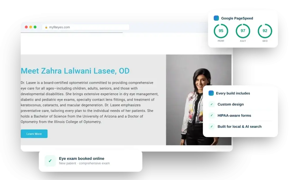 Healthy Eye Care optometry website by DoctorsInternet in a browser with PageSpeed scores, build checklist and booked eye exam