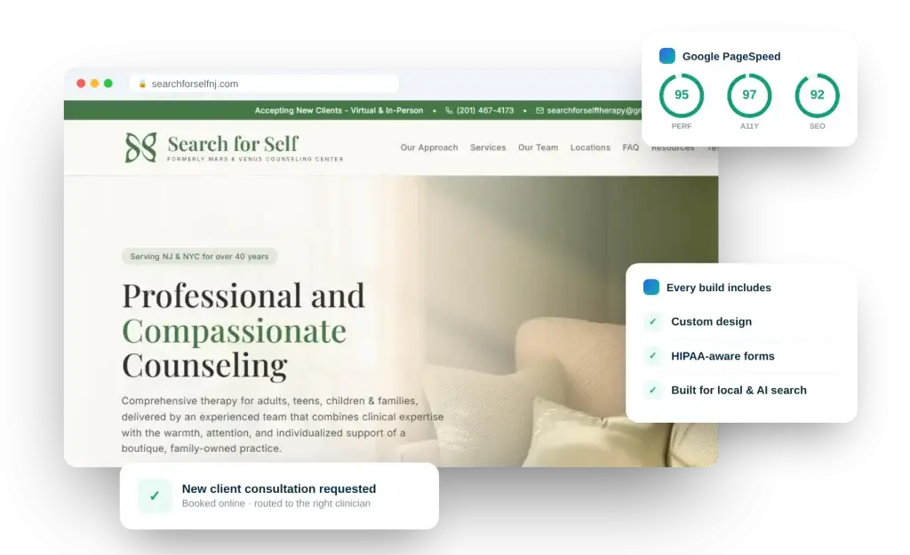 Search For Self counseling center website by DoctorsInternet shown in a browser with PageSpeed scores and build checklist