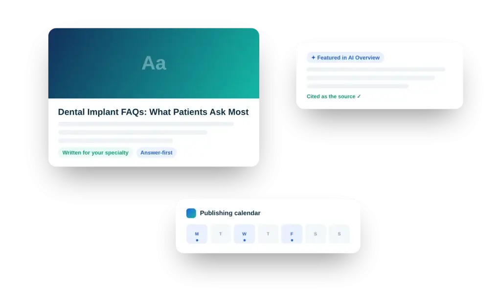 Healthcare content marketing illustration: specialty article, AI Overview citation and publishing calendar