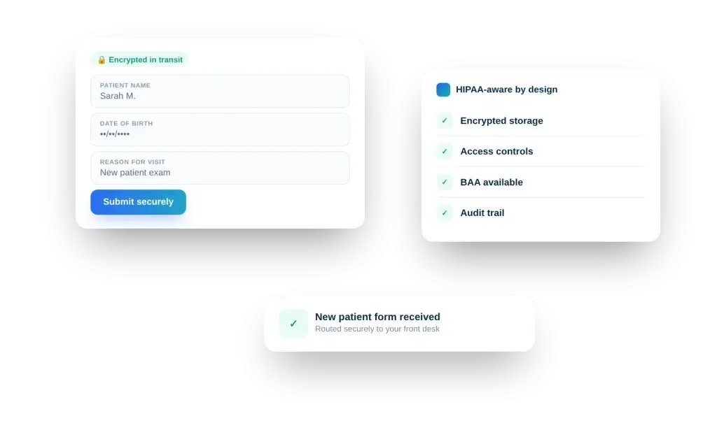 HIPAA-aware secure patient form illustration with encrypted fields and compliance checklist