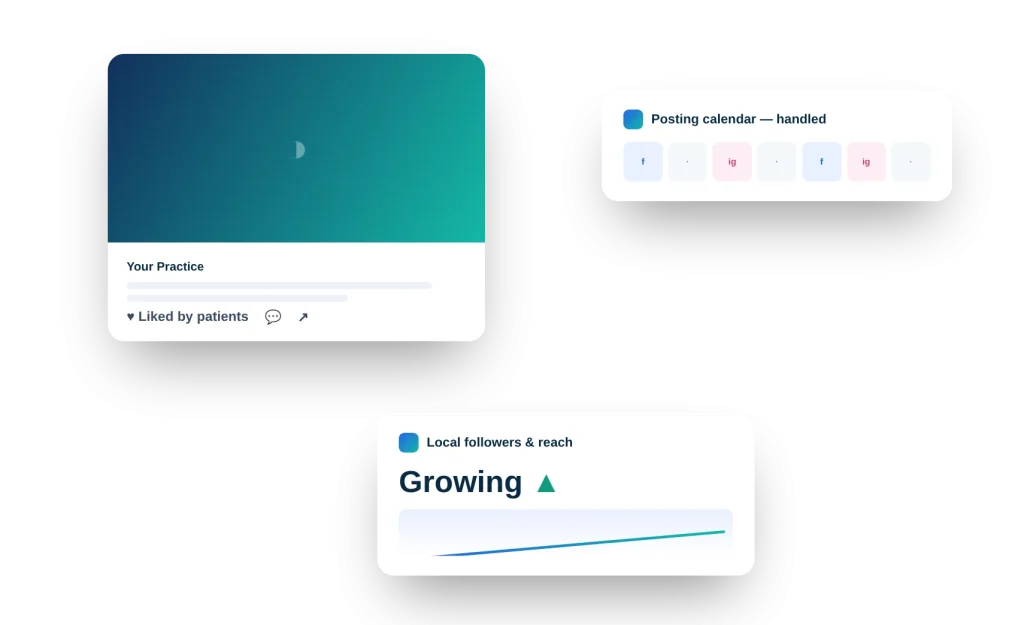 Healthcare social media marketing illustration: practice post, managed posting calendar and growing local followers