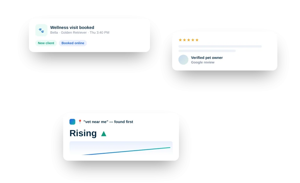Veterinary marketing illustration: online wellness visit booking, five-star pet owner review and rising vet near me visibility