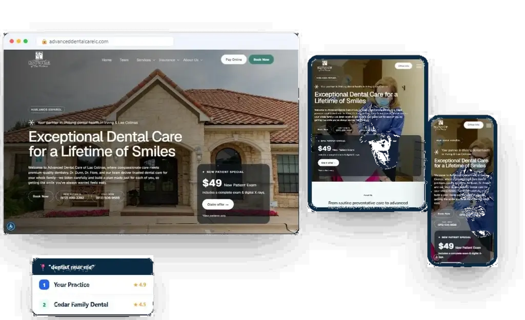 Advanced Dental Care of Las Colinas website by DoctorsInternet shown on desktop, tablet and mobile with a #1 local search ranking